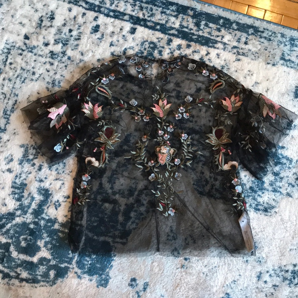 Zara Black Sheer Floral Embroidered Top M